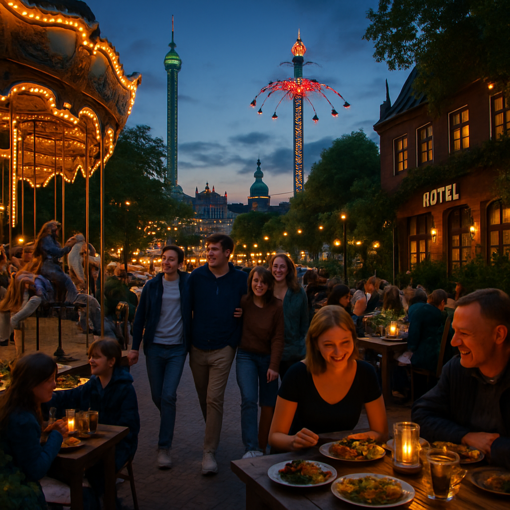 Tivoli Gardens amusement park with colorful rides and lights in Copenhagen